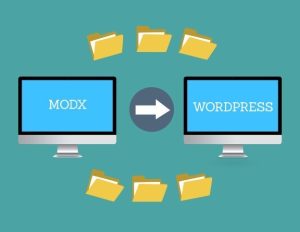 Graphic illustrating MODX to WordPress migration with icons representing both platforms.