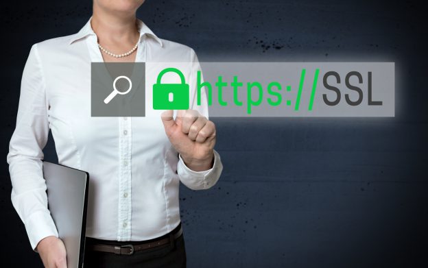 Woman standing behind an HTTPS security icon, symbolizing a secure, encrypted website connection.